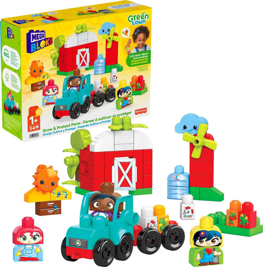 Mega Bloks Green Town rolling tractor scene supports fine motor skill practice.