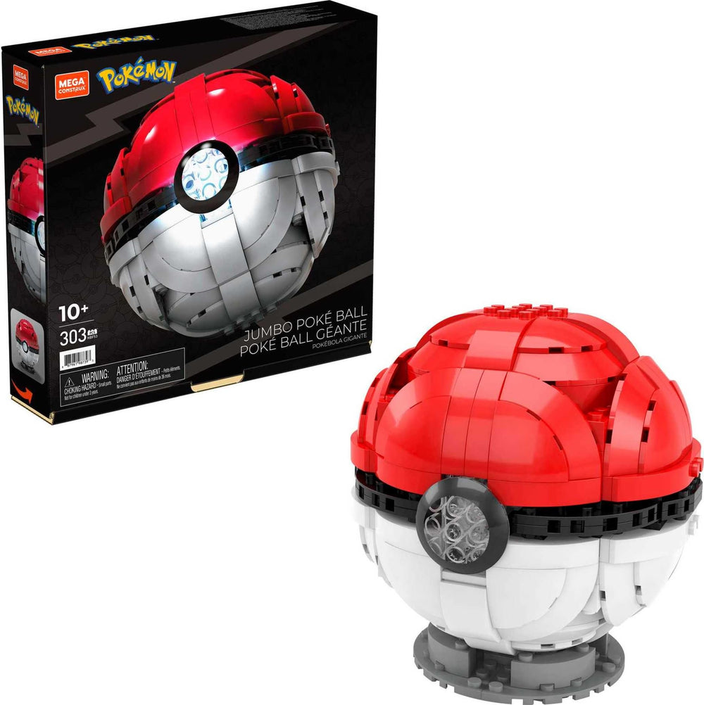 Mega Construx Pokemon Jumbo Pokeball illuminated display ball glows softly for shelf appeal.