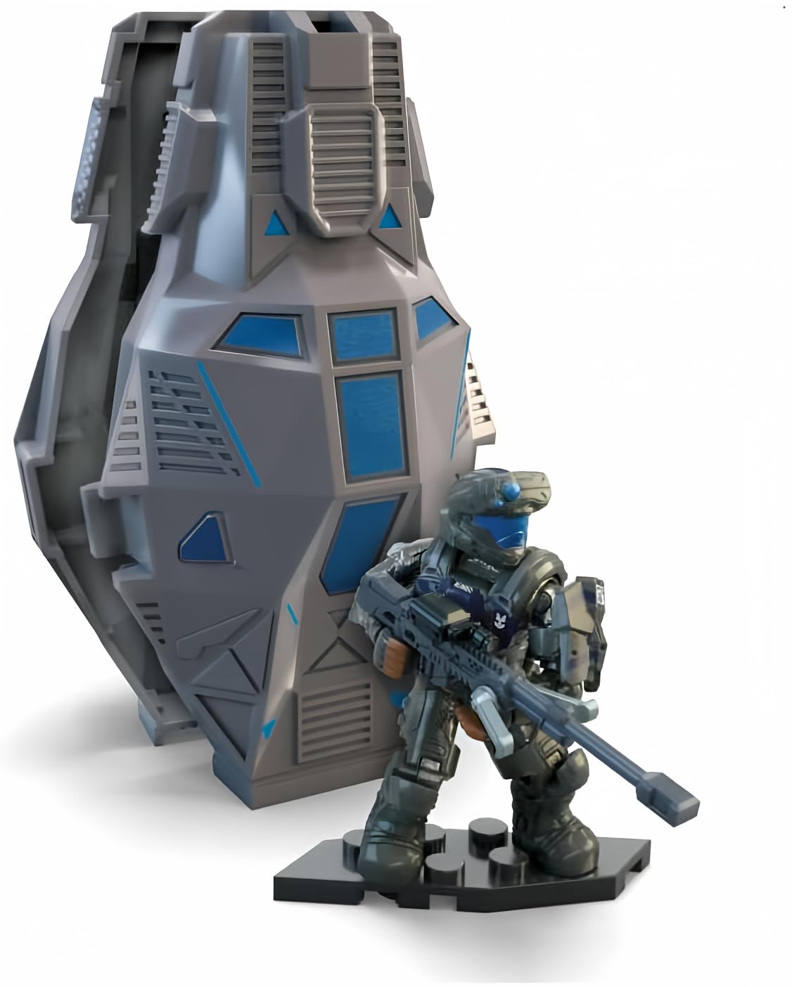Mega Brands MEGA Halo ODST Romeo Agu figure with drop pod transport for display and storage.