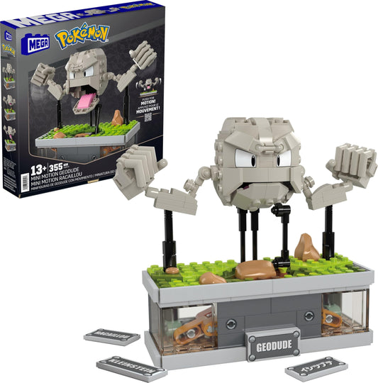 Mega Brands Geodude mini figure shows assembly view for desk display and collection.