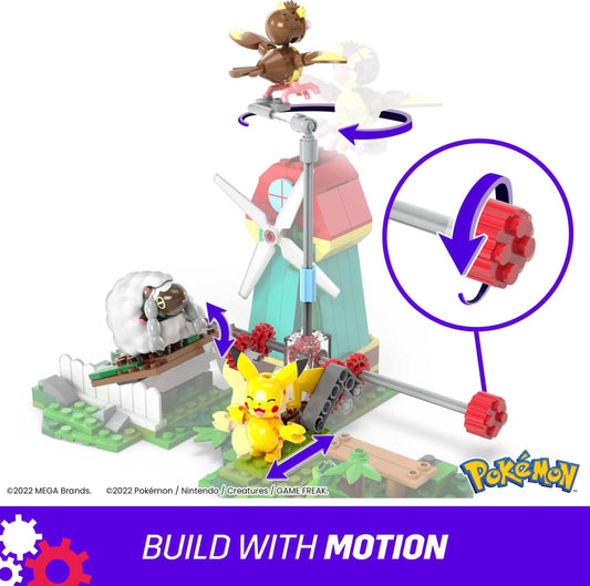 Mega Brands Pidgey beside a windmill in a vibrant landscape