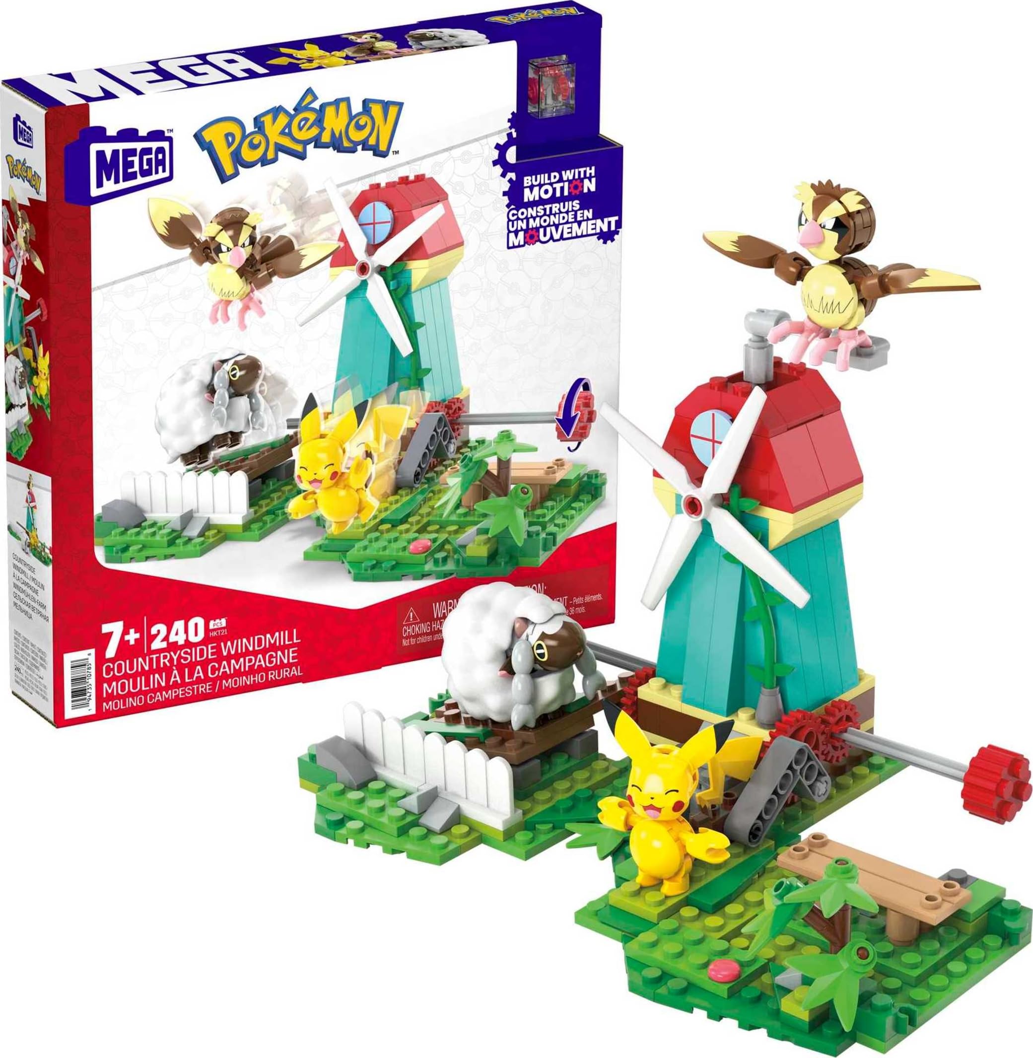 Mega Brands Pikachu figure with motion brick in sunny countryside play scene