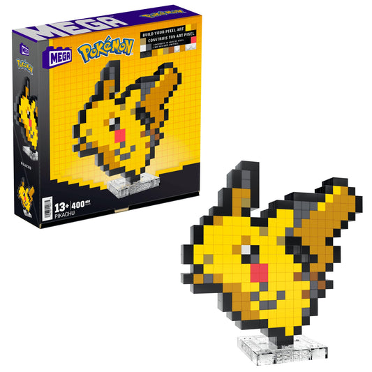 Mega Brands Pikachu construction set figure in retro pixel art for display.