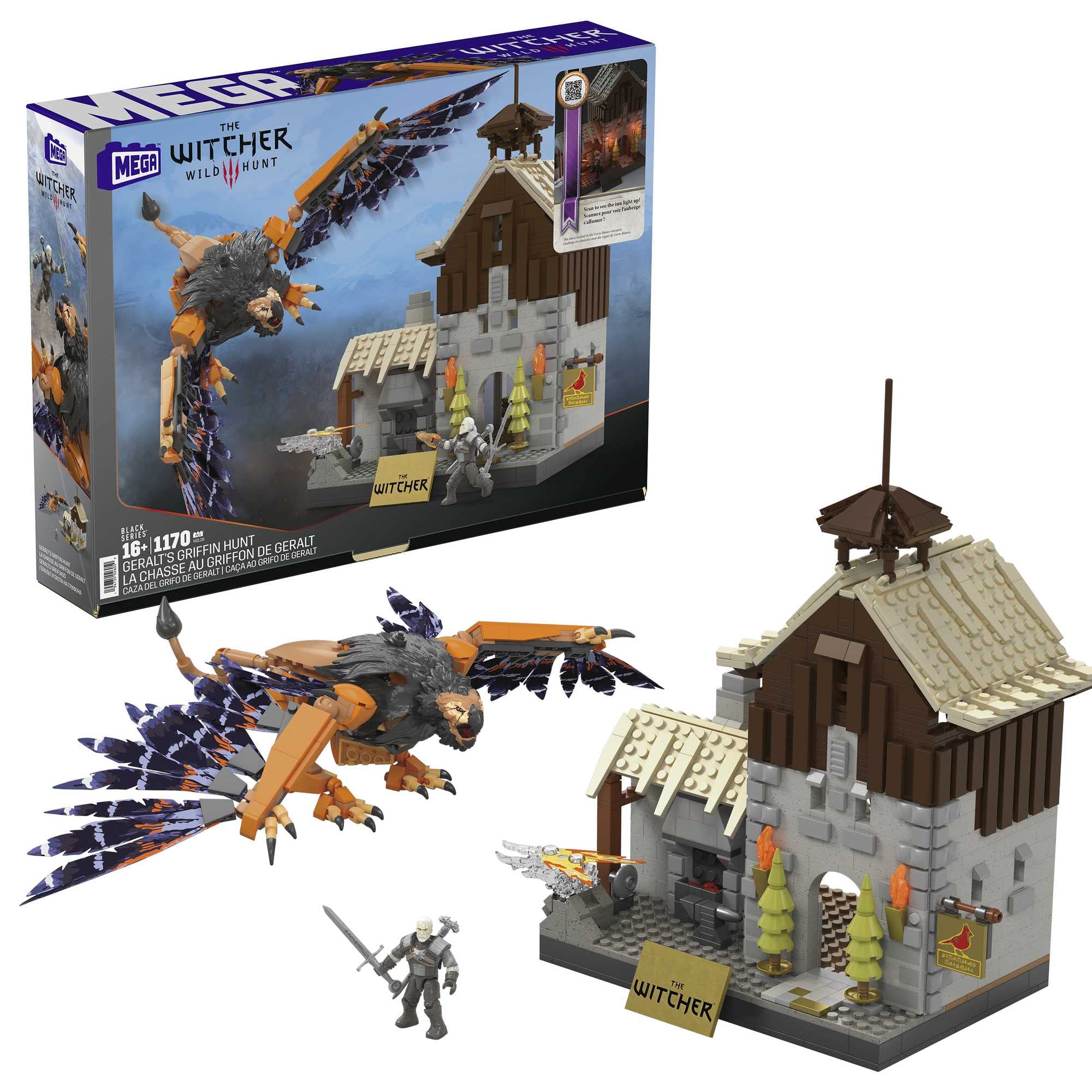 Mega Brands Witcher Corvo Bianco house with lit fireplace for immersive evenings.