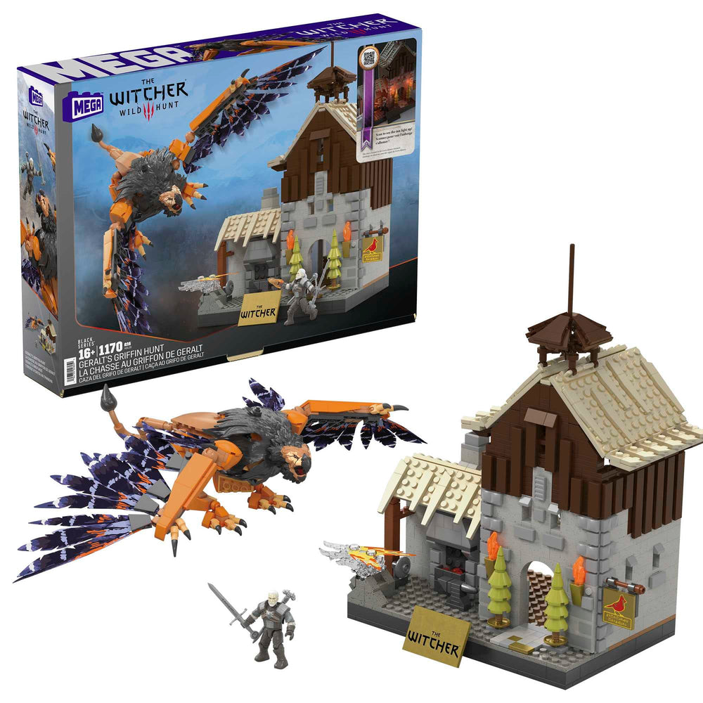 Mega Brands Witcher Corvo Bianco house with lit fireplace for immersive evenings.
