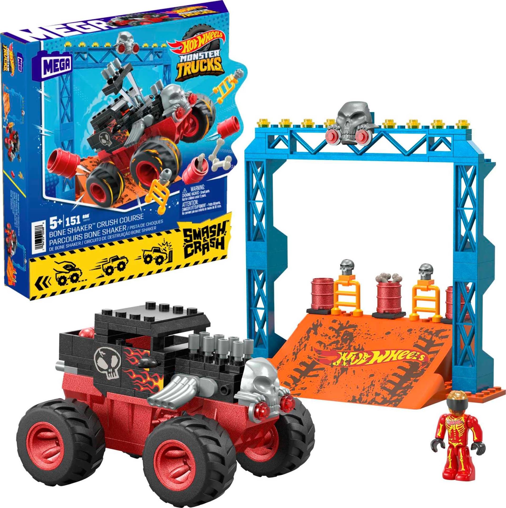 Mega Hot Wheels Bone Shaker Crush Course image highlights 151-piece build for creative play.