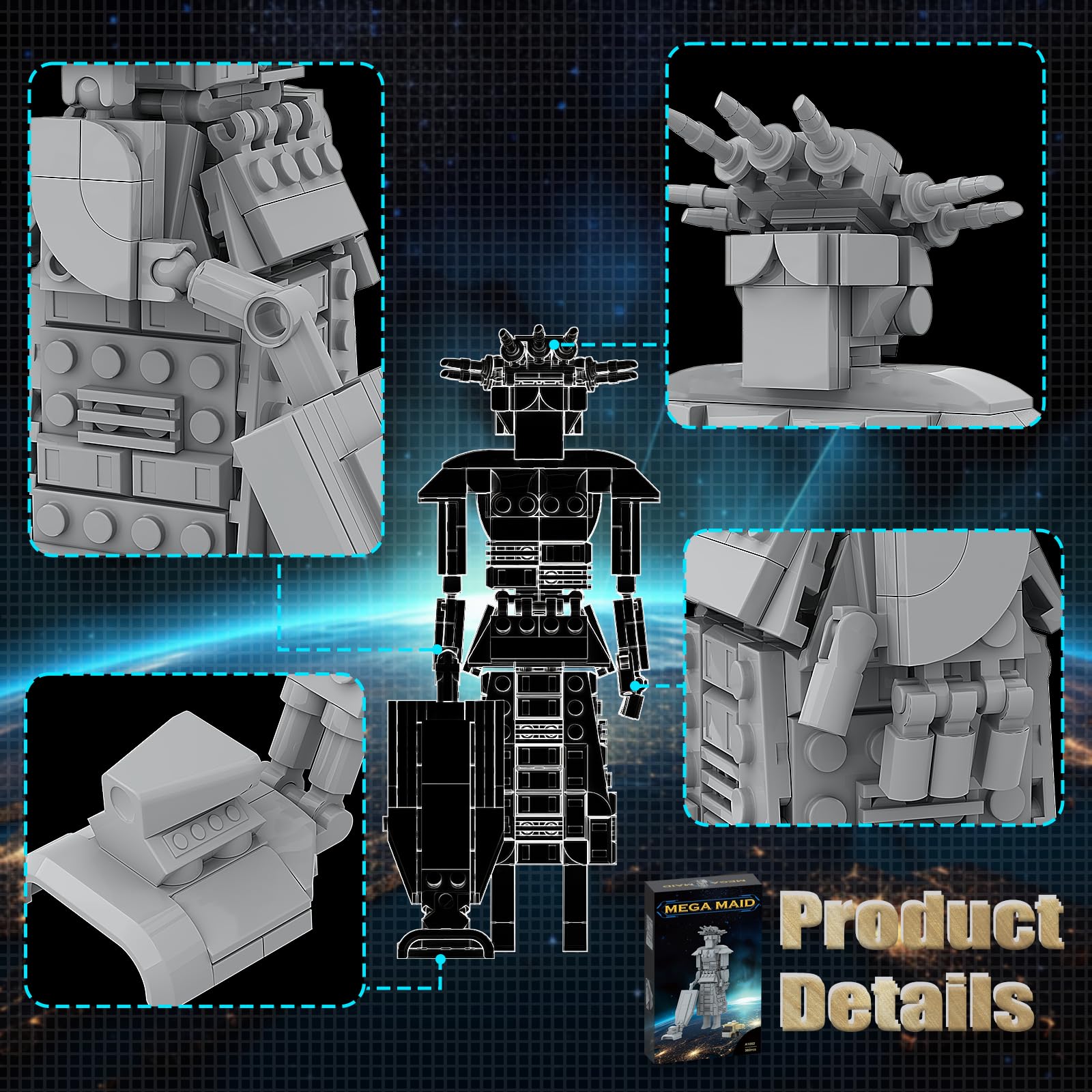 Mega Maid Spaceballs 362pcs parts close-up, highlighting high-quality ABS pieces for durable builds.