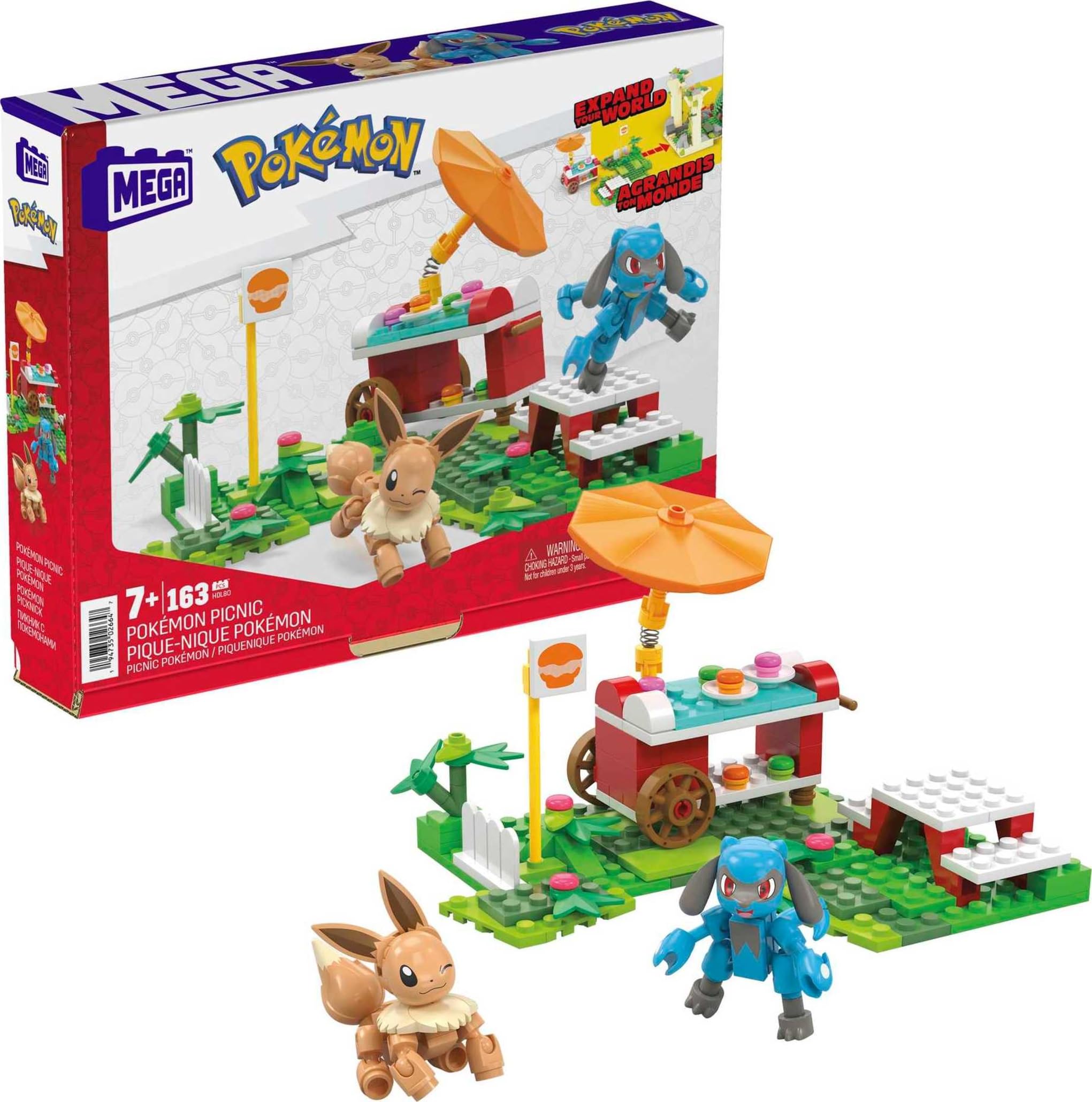 Mega Pokémon picnic set featuring Eevee and Riolu figures for imaginative play.