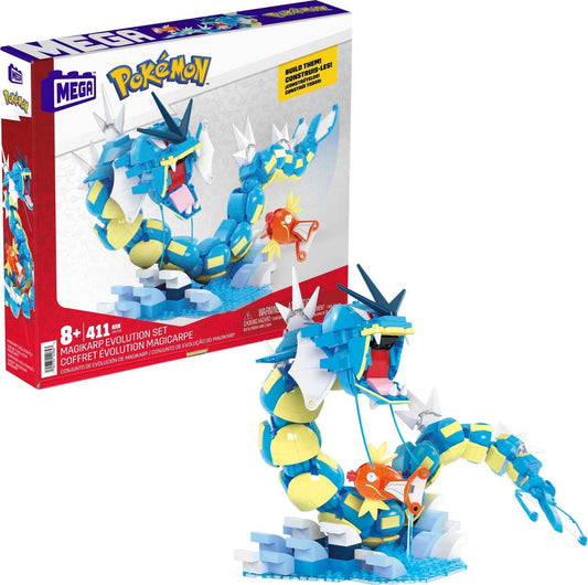 Megabrands Magikarp evolution set showcases Magikarp and Gyarados for dynamic display.