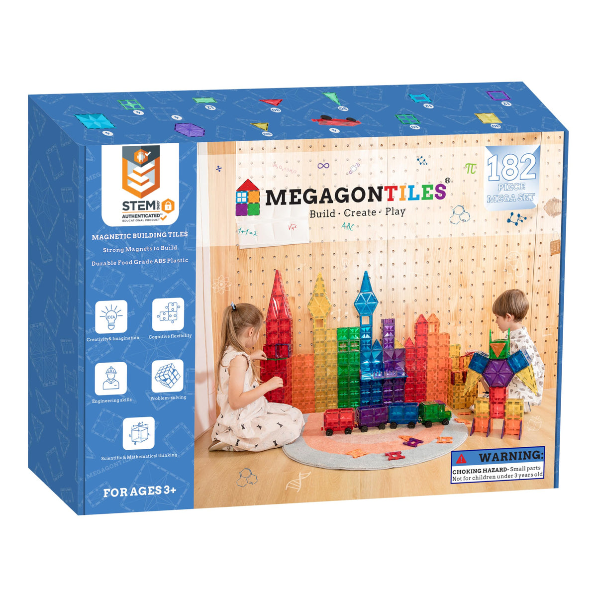 MEGAGONTILES 182pcs set tiles in vibrant translucent colors for imaginative STEM play and fine motor skills.