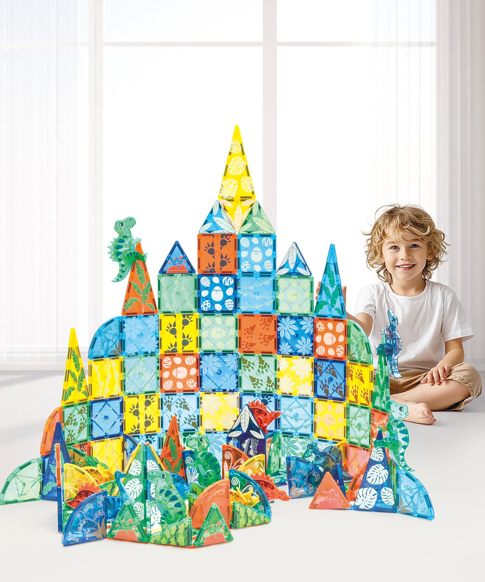 MEGAGONTILES dinosaur-playtime-setup inspires imaginative construction and fine motor practice
