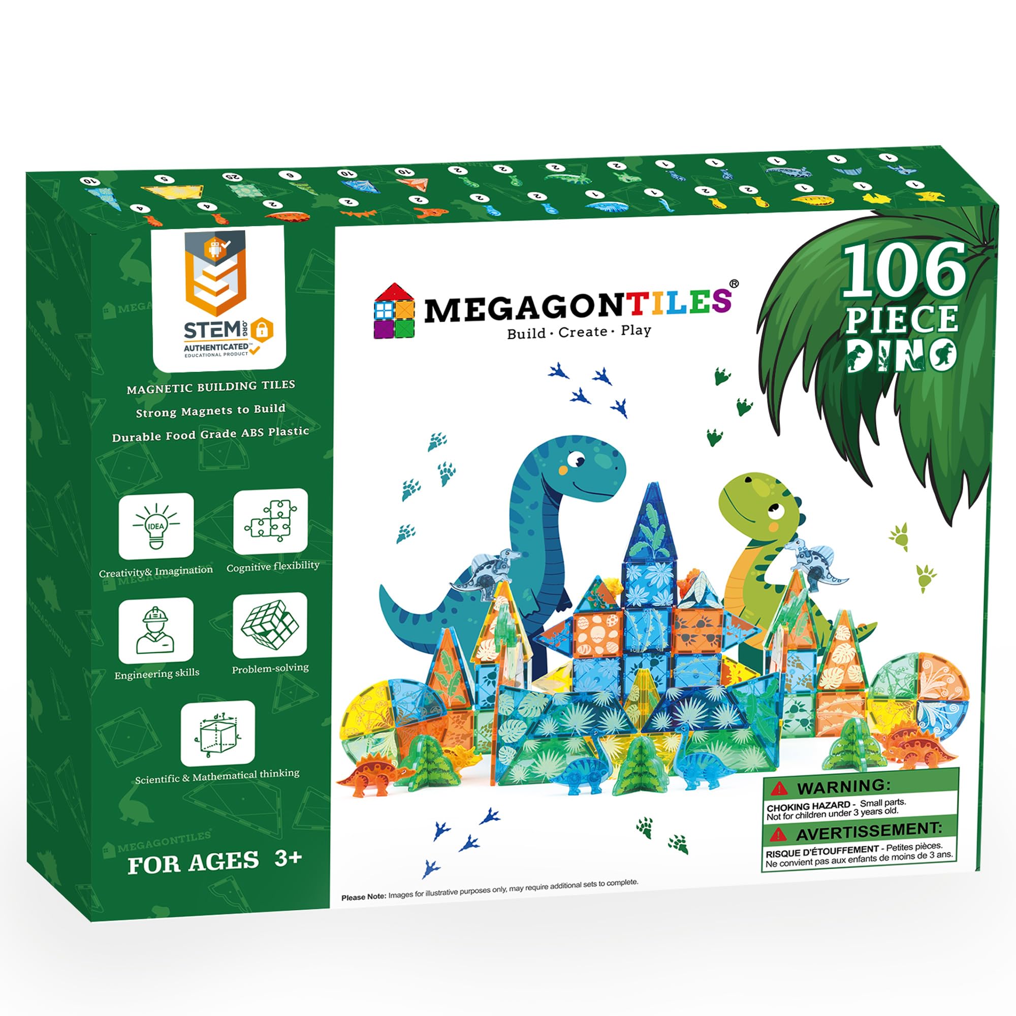 MEGAGONTILES Dinosaur tiles 106pcs for imaginative building and STEM learning