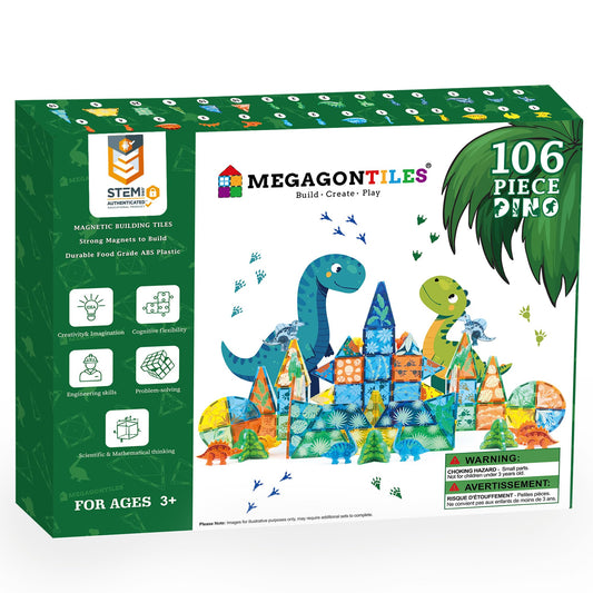 MEGAGONTILES Dinosaur tiles 106pcs for imaginative building and STEM learning