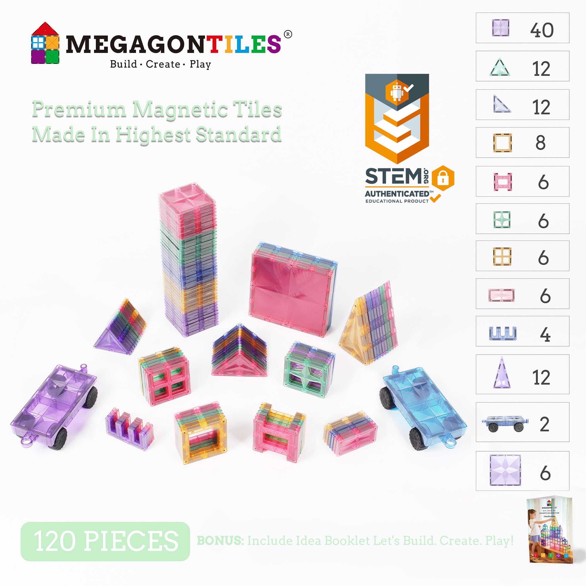 MEGAGONTILES pastel tiles with two wheel bases for versatile, compatible designs.