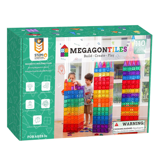 MEGAGONTILES star-shaped tiles illuminate play with sunlight refractions for imaginative building.