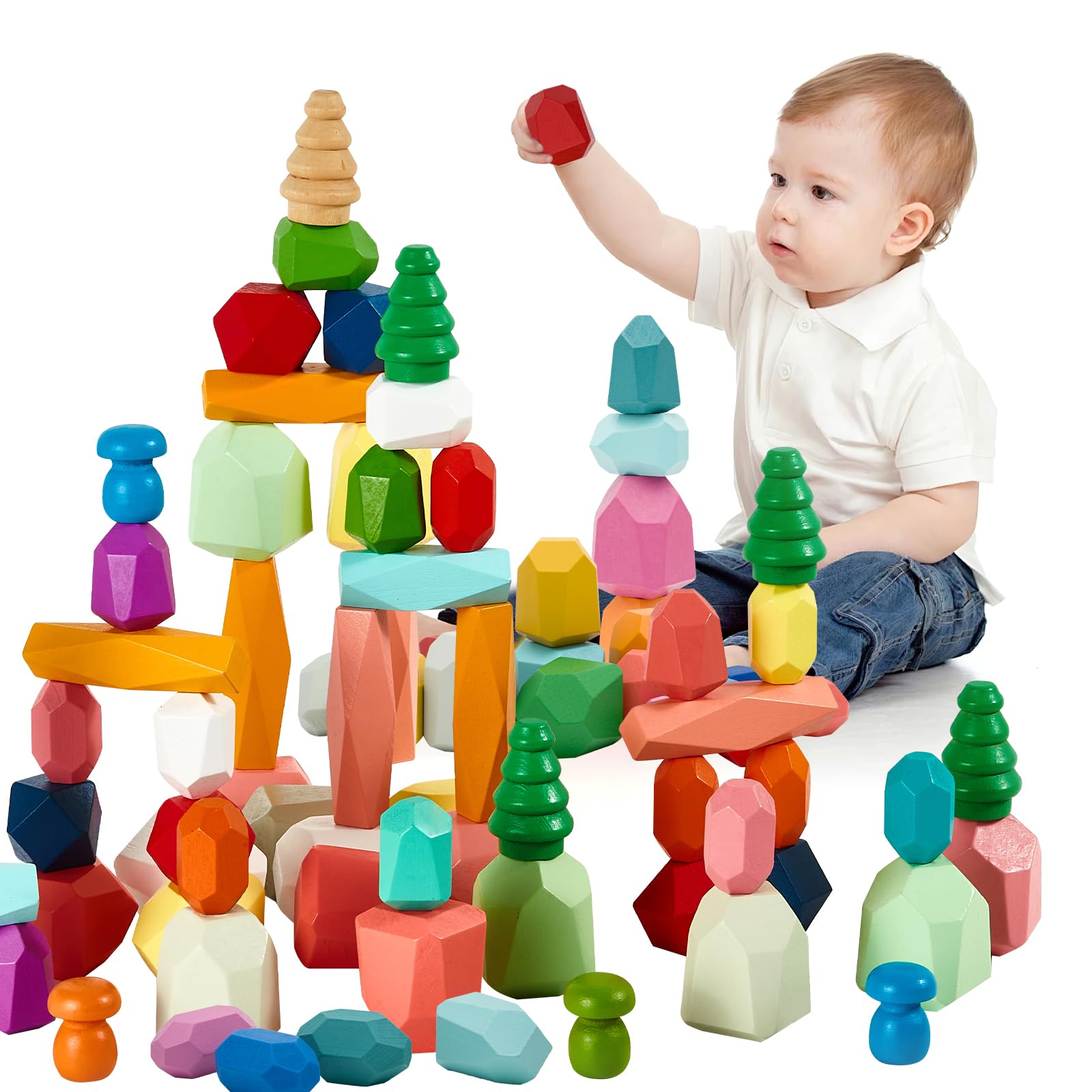MEGRANATE 58PCS wooden stacking rocks assembly for creative problem solving during play.