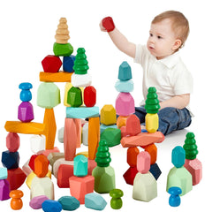MEGRANATE 58PCS wooden stacking rocks assembly for creative problem solving during play.