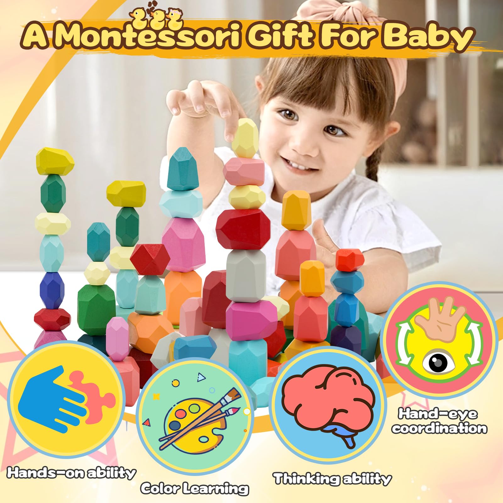 MEGRANATE kids enjoy stacking rocks to improve color and size recognition.