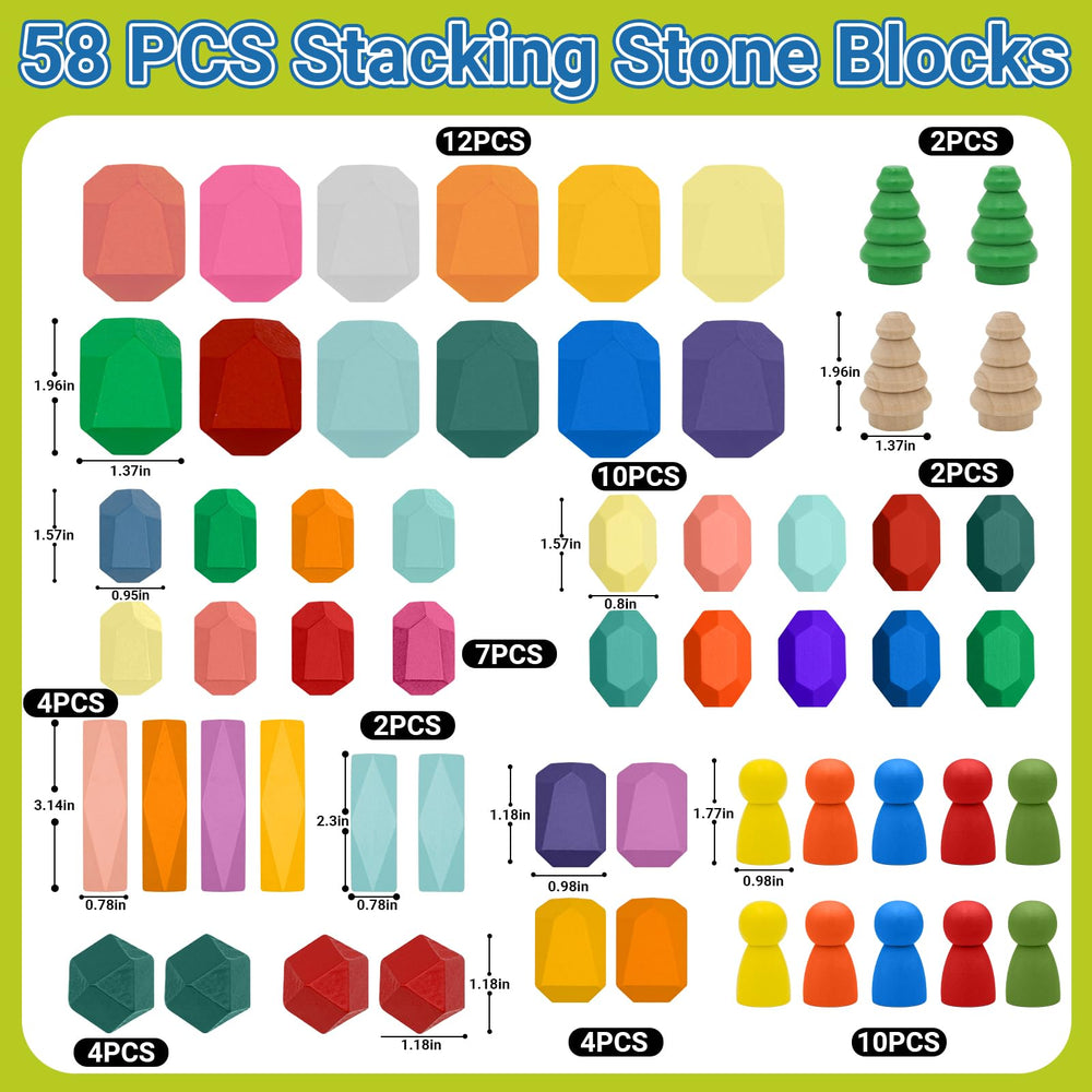 MEGRANATE wooden stacking rocks with colorful stones promote color and size recognition during play.