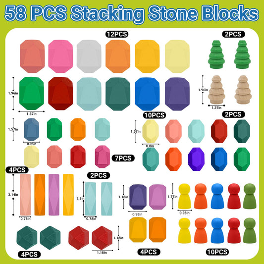 MEGRANATE wooden stacking rocks with colorful stones promote color and size recognition during play.