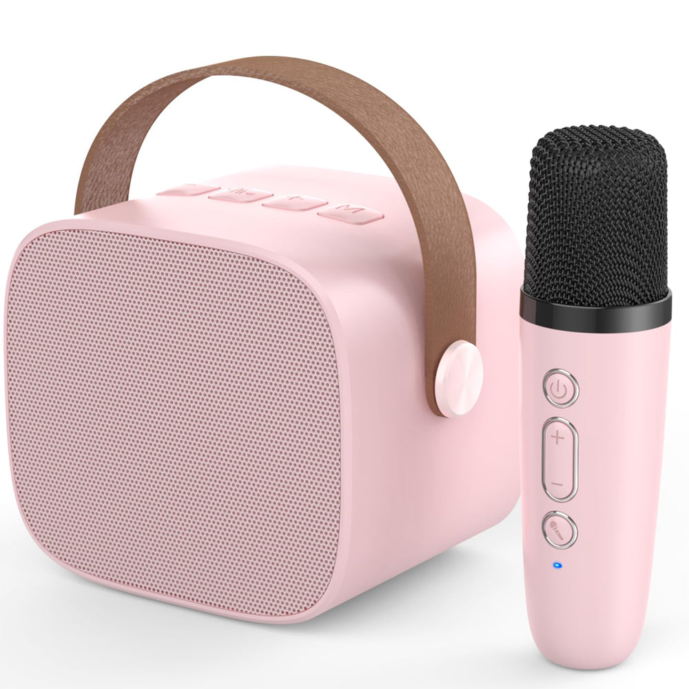 MEGUO M11 karaoke speaker pink with wireless mic for portable party fun.