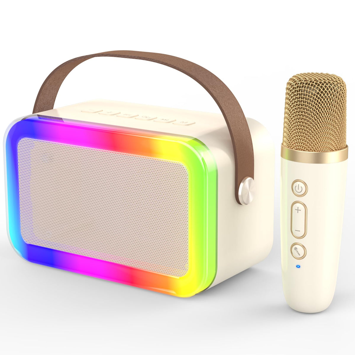 MEGUO mini karaoke beige with rainbow lights, ideal for family sing alongs at home