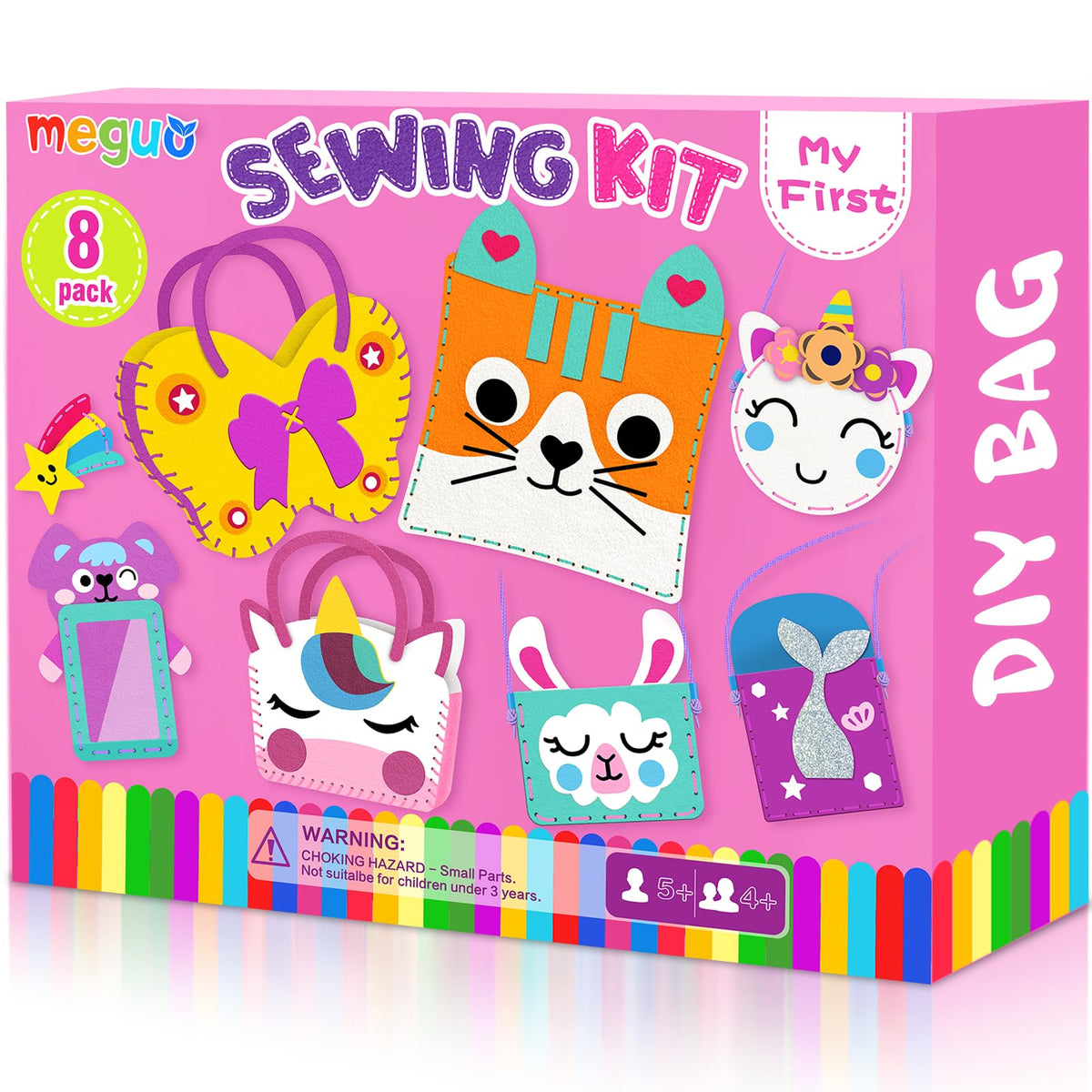 MEGUO sewing kit for kids shows eight animal-themed handbags for creative play.