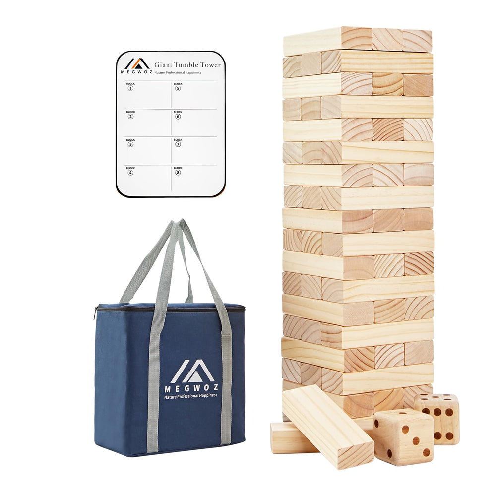 Megwoz giant tumble tower with 57 pieces, ideal for family game night and skill building.