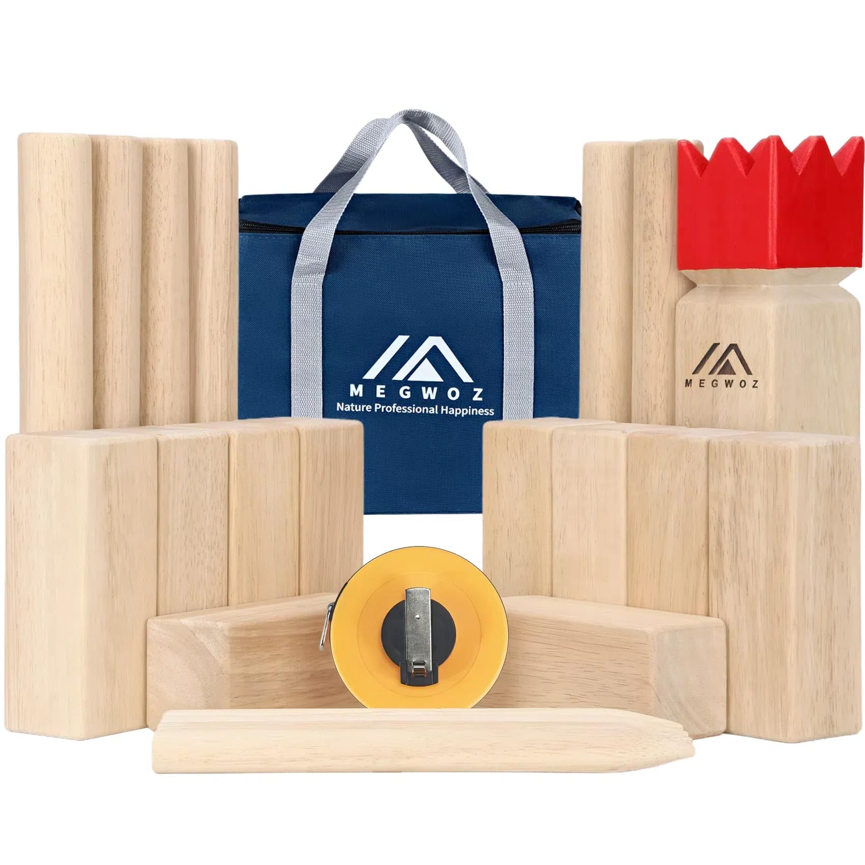 Megwoz kubb set contents laid out for quick backyard setup and play.