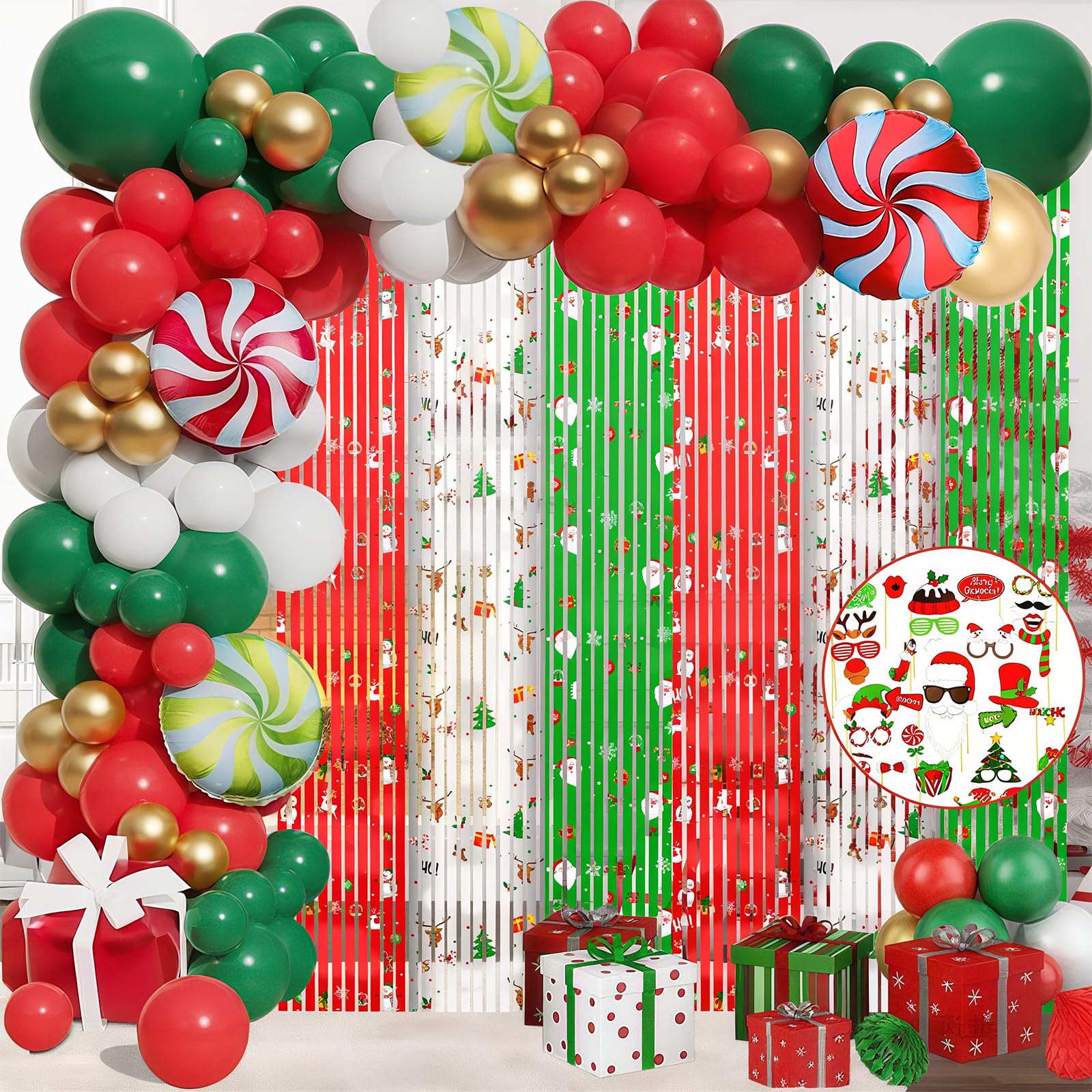 MEHOFOND Christmas foil fringe curtain in red, green and silver creates festive backdrops.
