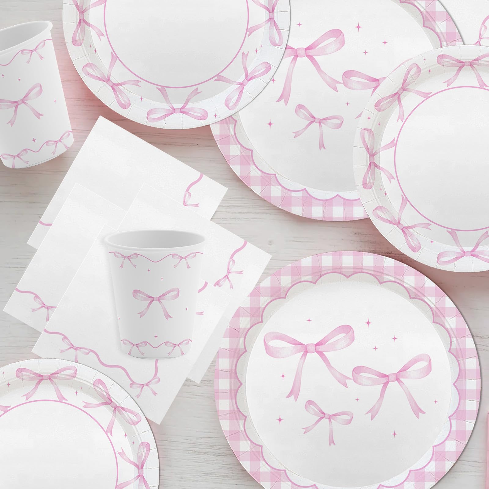 MEHOFOND pink bow plates cups and napkins for easy, stylish cleanup.