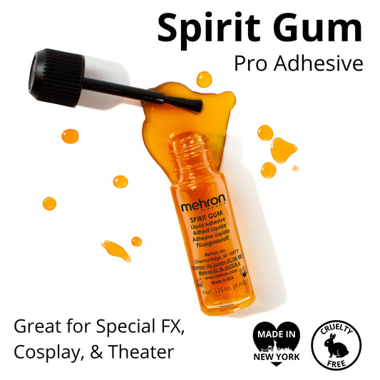 Mehron Spirit Gum Remover bottle facilitates gentle, effective removal after long wear.
