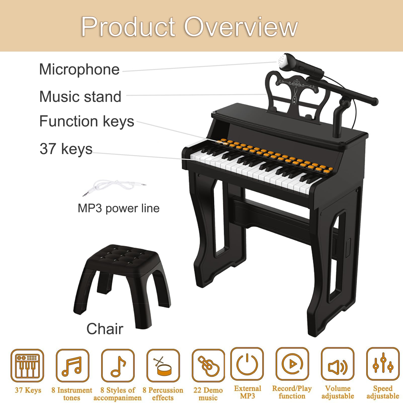 Meideh piano stool provides stable seating for focused play sessions.