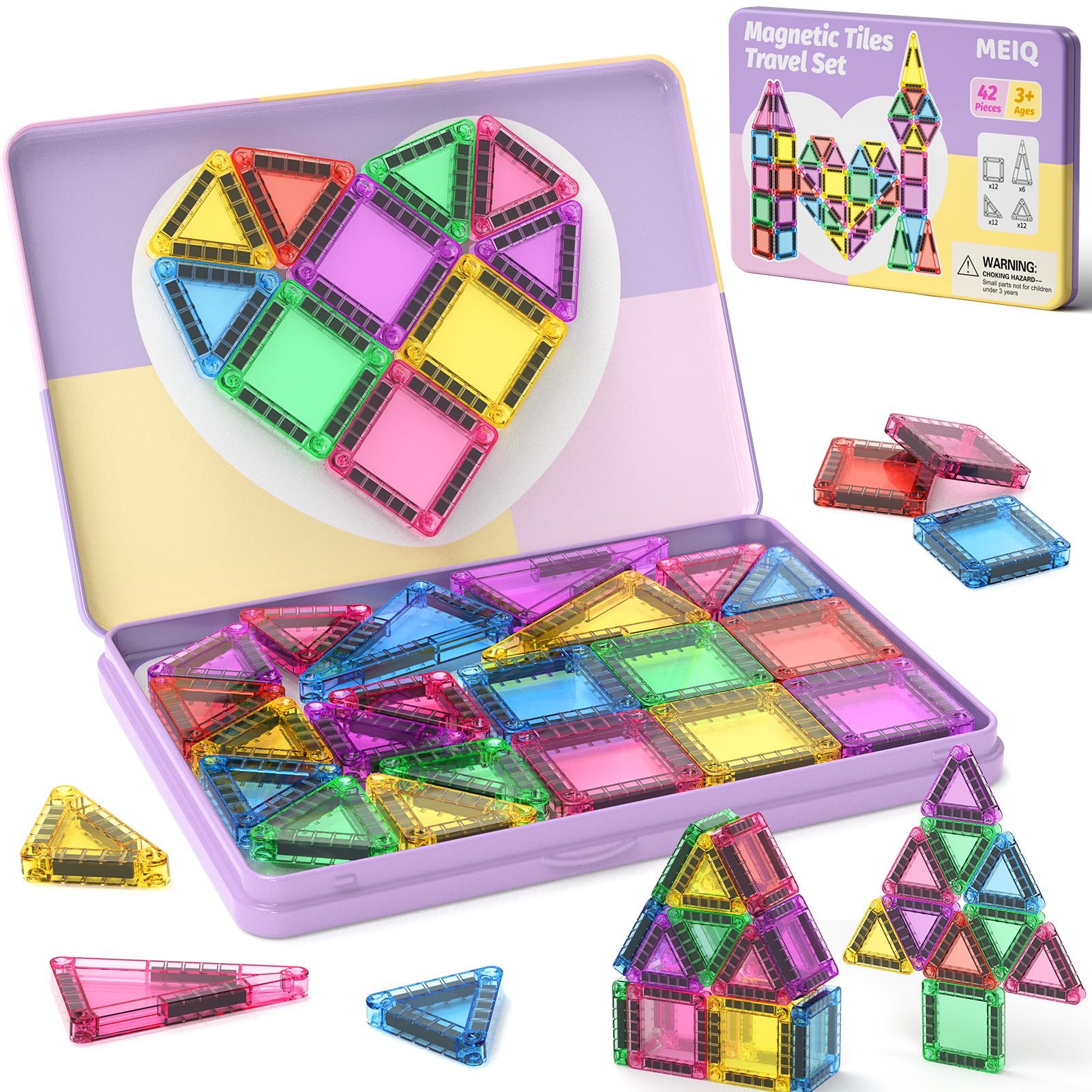 MEIQ 42-piece mini magnetic tiles travel set with metal box for organized on-the-go play