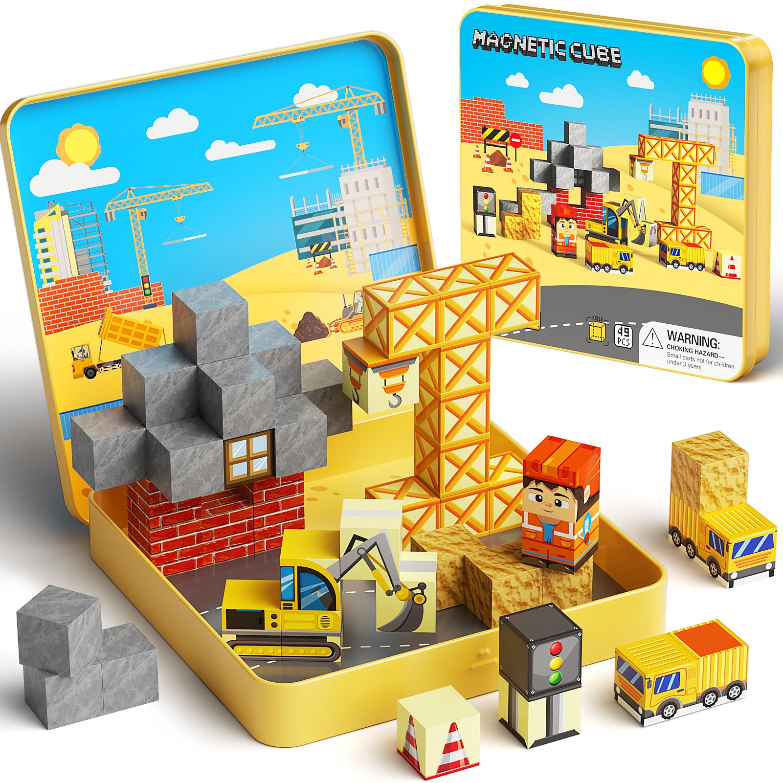 MEIQ 49pcs mini magnetic building blocks in a travel box for on-the-go creativity.