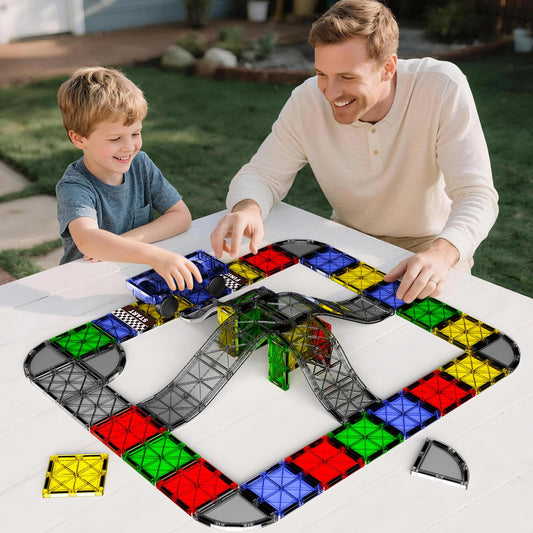 MEIQ downhill car on track highlights fast, engaging play with secure magnetic connections.