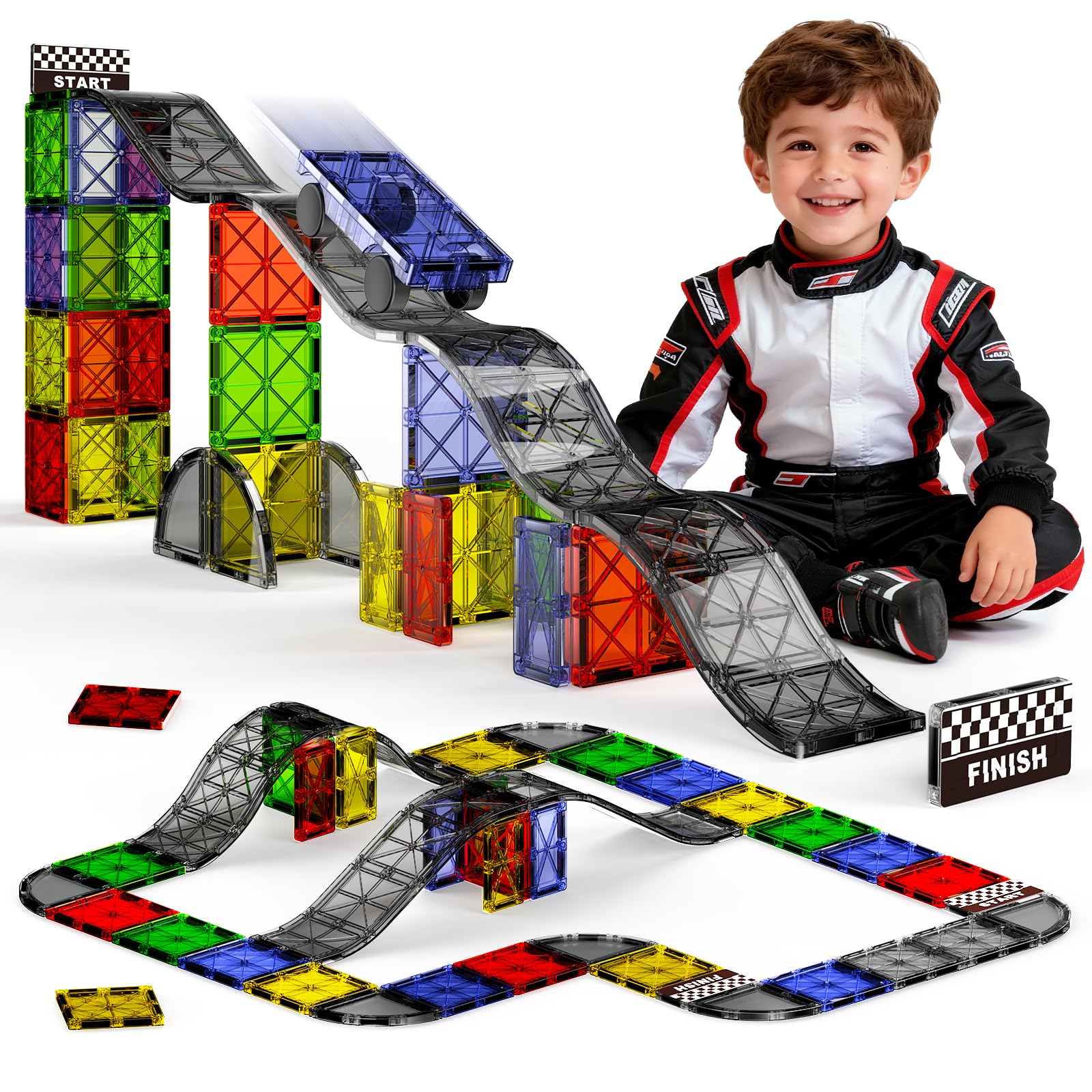 MEIQ magnetic downhill racer set assembly shows durable tiles for stable, tall track builds.