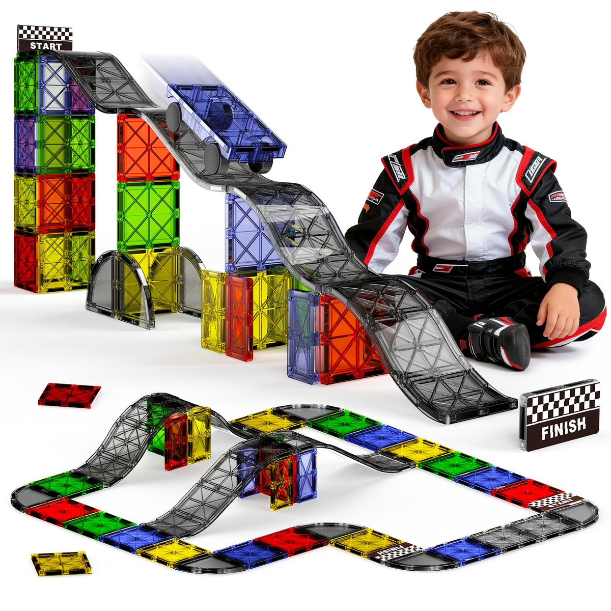 MEIQ magnetic downhill racer set assembly shows durable tiles for stable, tall track builds.