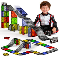 MEIQ magnetic downhill racer set assembly shows durable tiles for stable, tall track builds.