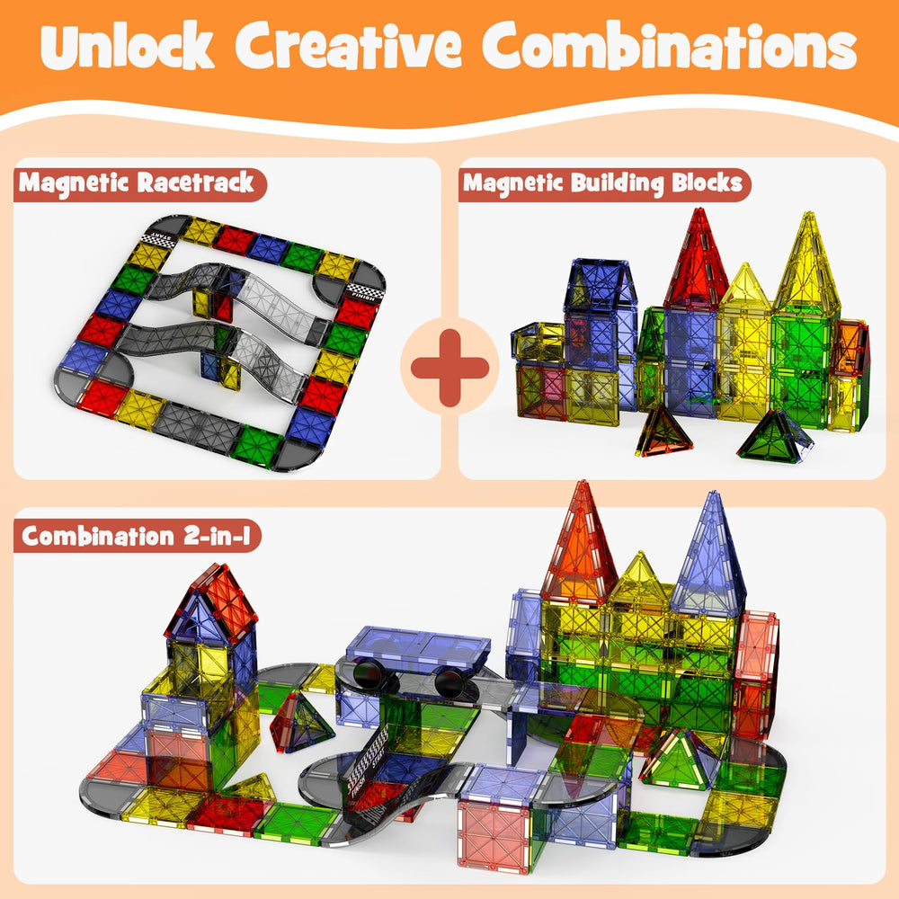 MEIQ magnetic tiles in action enable creative construction and modular race layouts.
