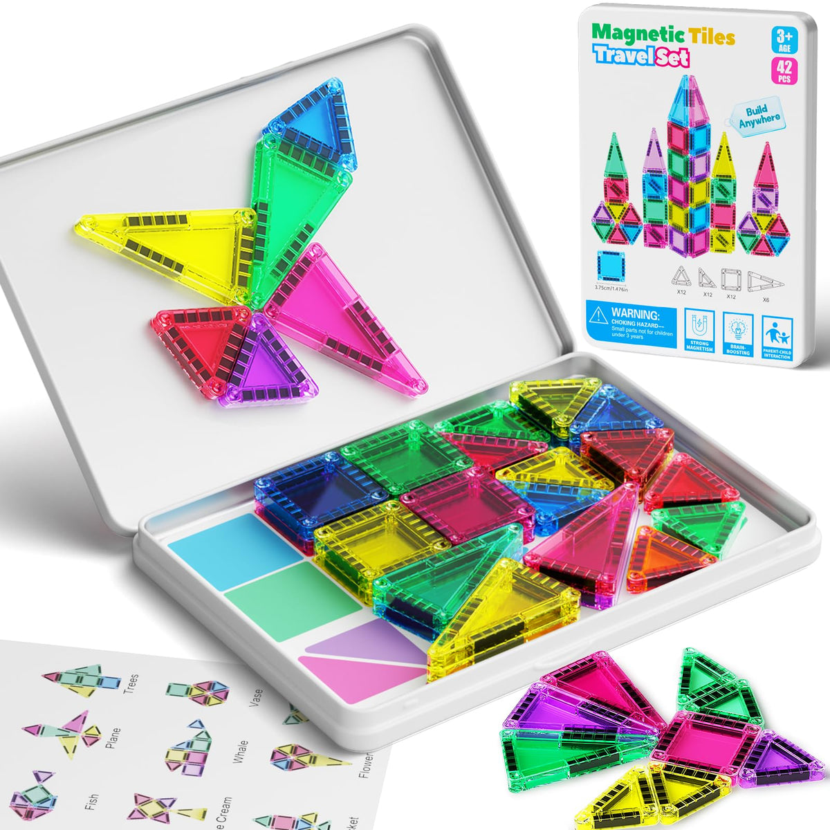 MEIQ mini magnetic tiles travel case open for on-the-go STEM play.