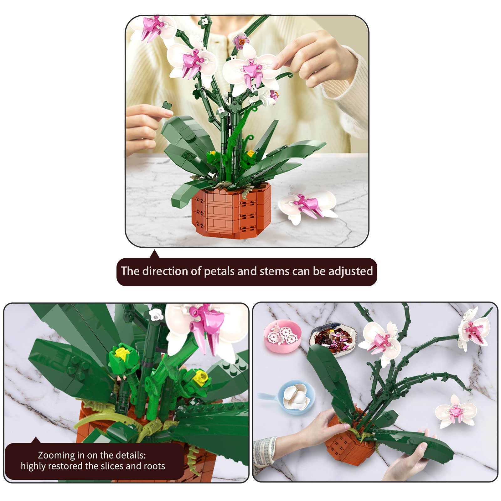 MELAKIY orchid building blocks set detailing leaves and roots for realism.