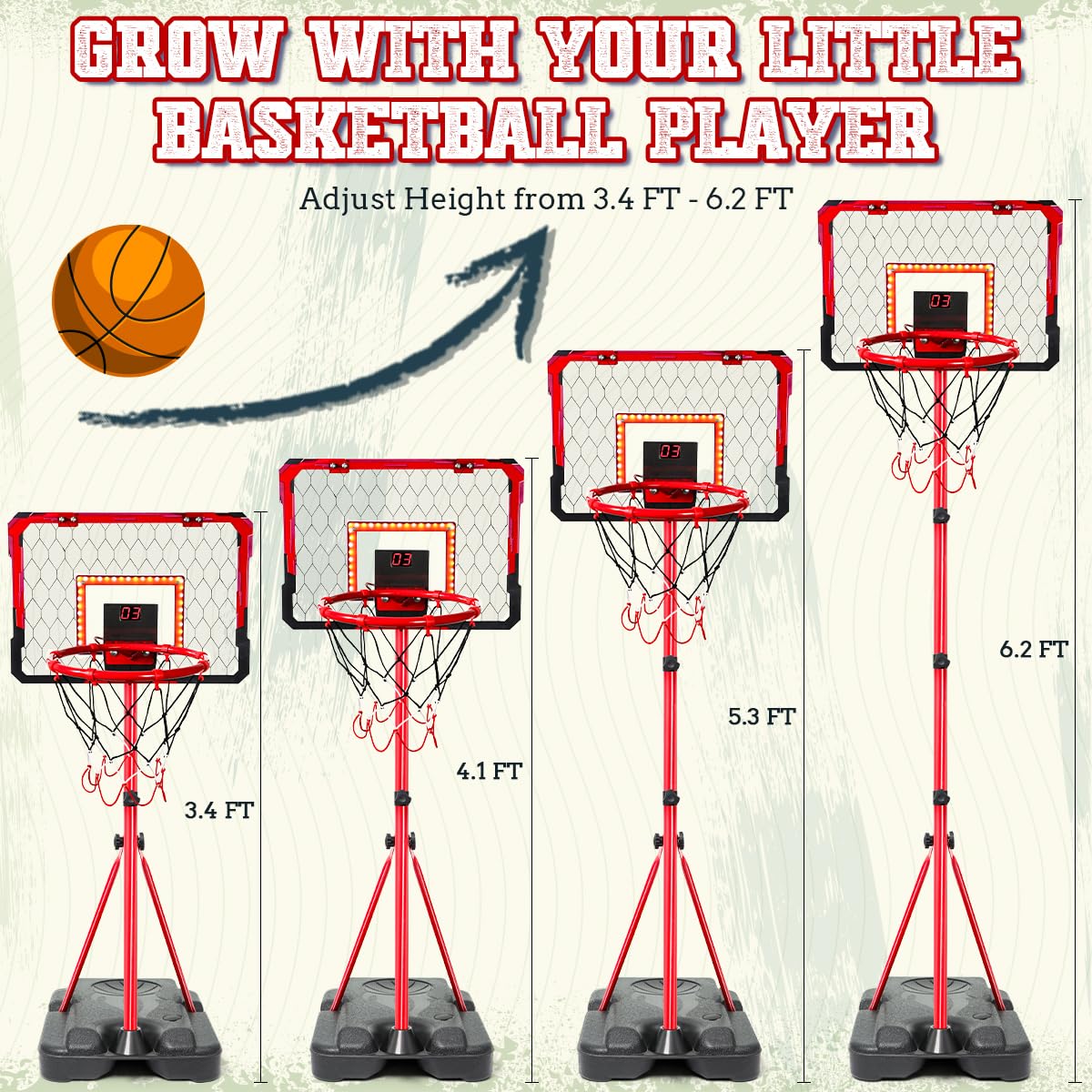 Meland adjustable-height hoop adapts to child height.