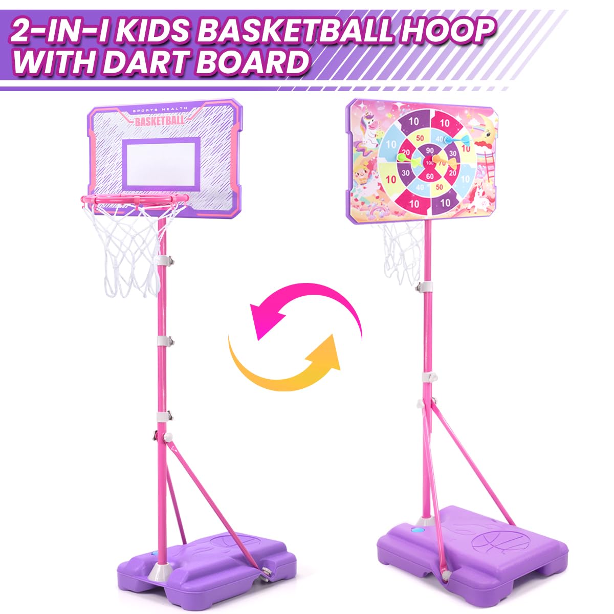 Meland basketball hoop with unicorn dart board backboard for dual play.