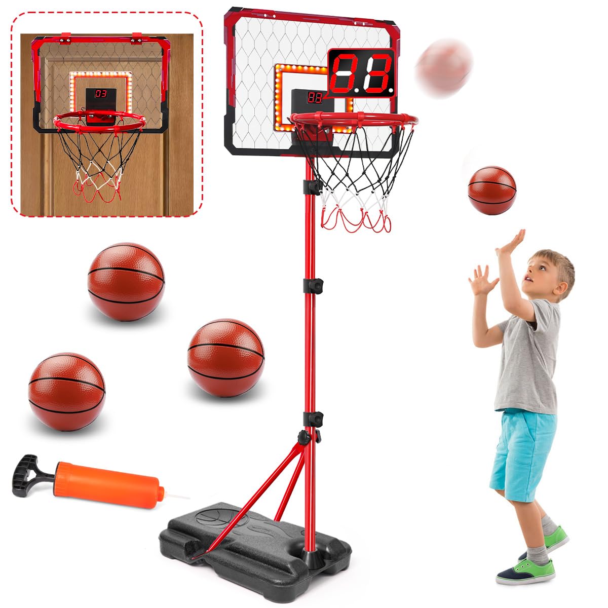 Meland door-mounted basketball hoop for space-saving indoor-outdoor play.
