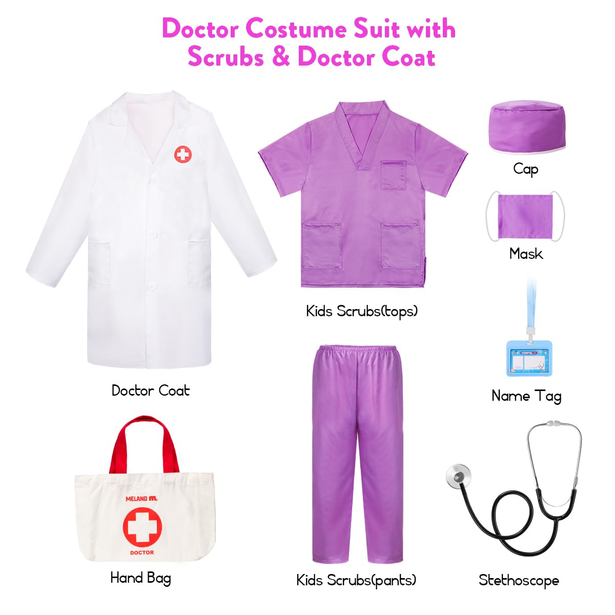 Meland doctor costume lab coat purple complete outfit for pretend play