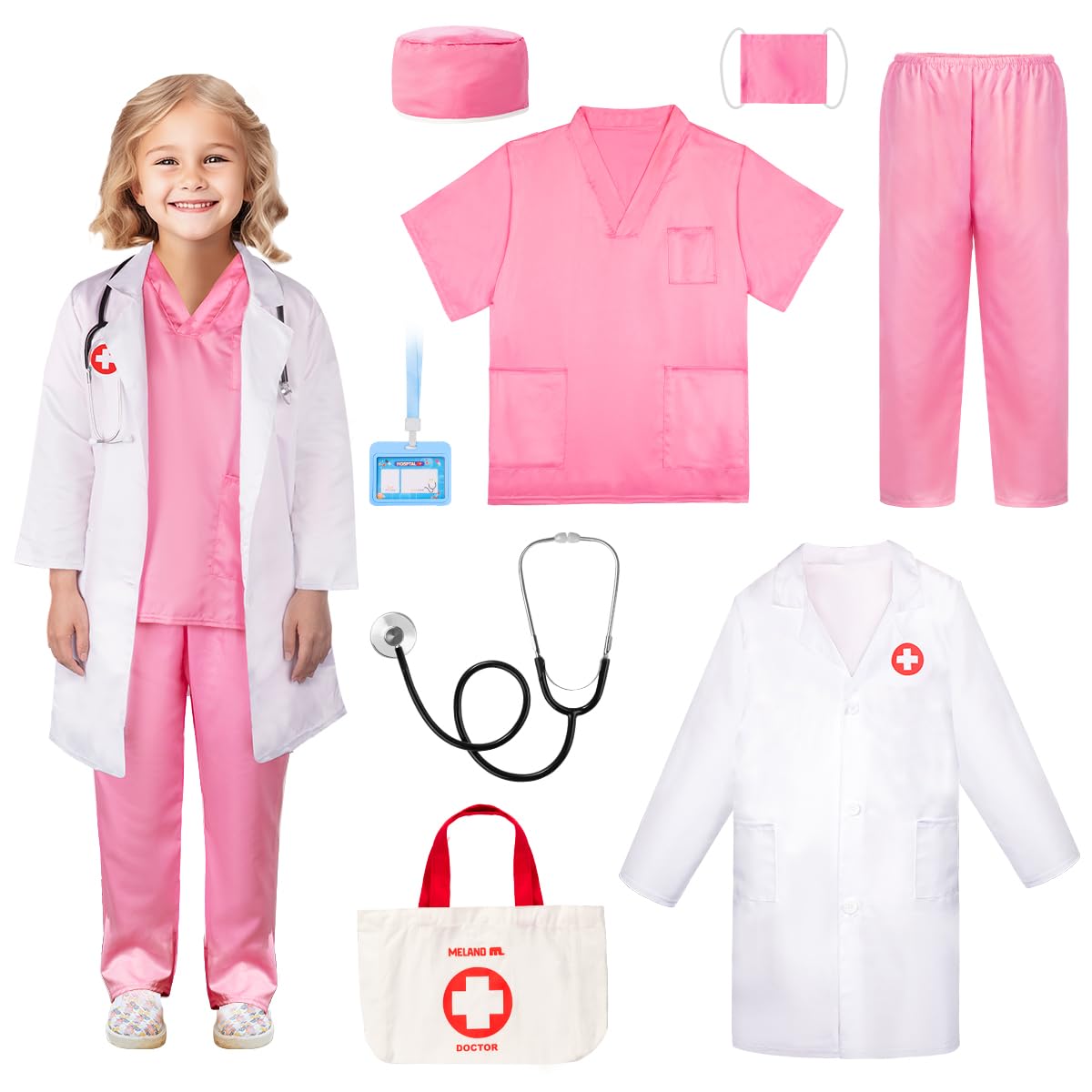 Meland doctor costume pink lab coat for imaginative play.