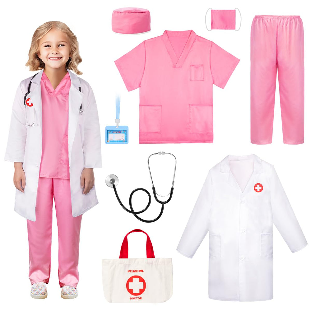 Meland doctor costume pink lab coat for imaginative play.