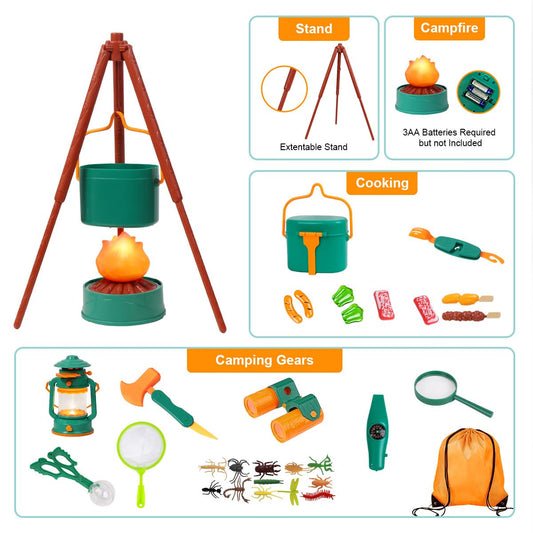 Meland Kids Camping Set campfire with extendable stand for pretend camping nights.