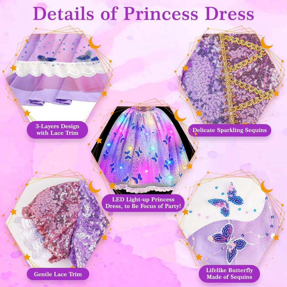 Meland light-up princess dress back view featuring the braid accessory for pretend dress-up.